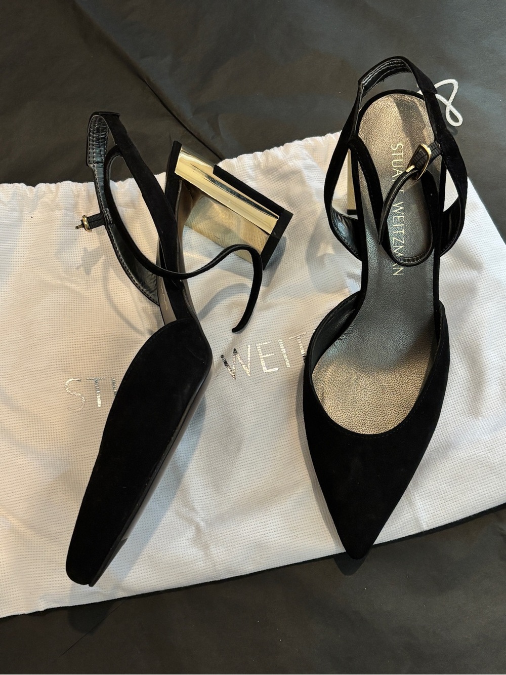 Stuart Weitzman Black Suede Pointed Slingback Heels with Gold Block Heel